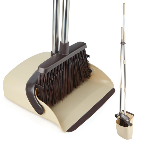Broom & Dustpan Set (Beige) + Dishwasher Cleaner Tablets 6-Pack + Kitchen Sponge | Comb Teeth, Lemon, Descaling Combo