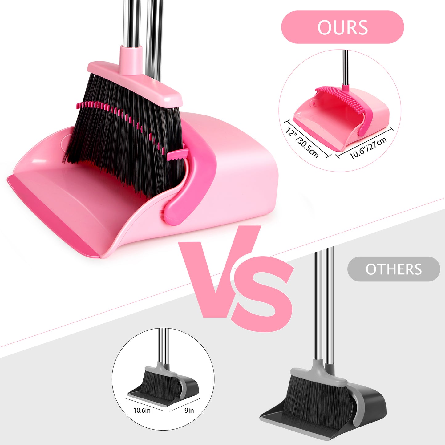 Broom and Dustpan Set, Dustpans with Broom Combo for Home, Heavy Dust Broom and Dustpan Combo, Long Handle Dust Pan and Broom Set for Kitchen, Office, Pet Hair,Pink, Black,Beige,Green Pack of 1