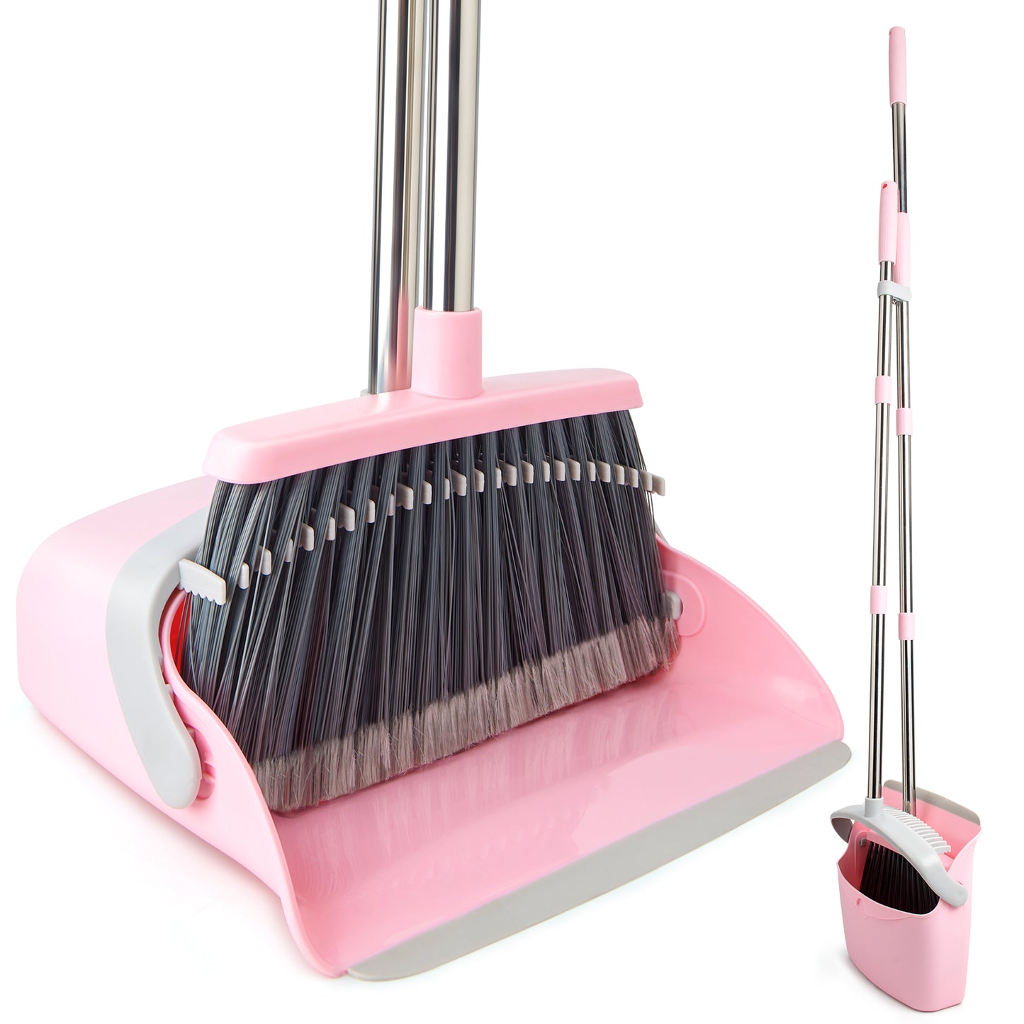 Broom & Dustpan Set | 51" Extendable Handle, Comb Teeth, Foldable Storage (Pink Gray)