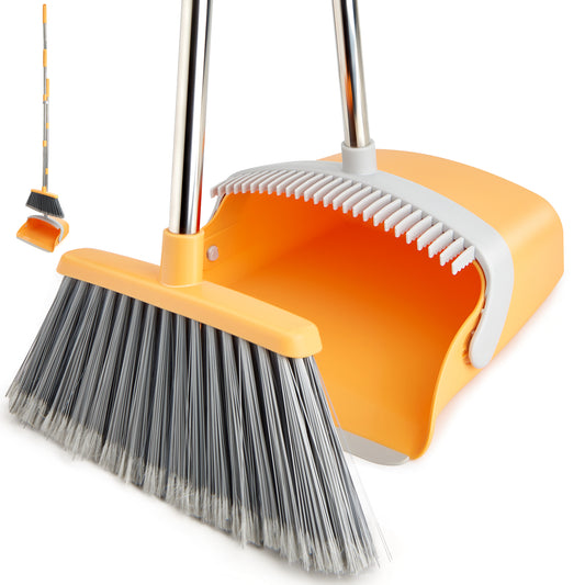 Broom & Dustpan Set + Giraffe Toilet Brush Combo | Folding Dustpan, 5-Layer Bristles