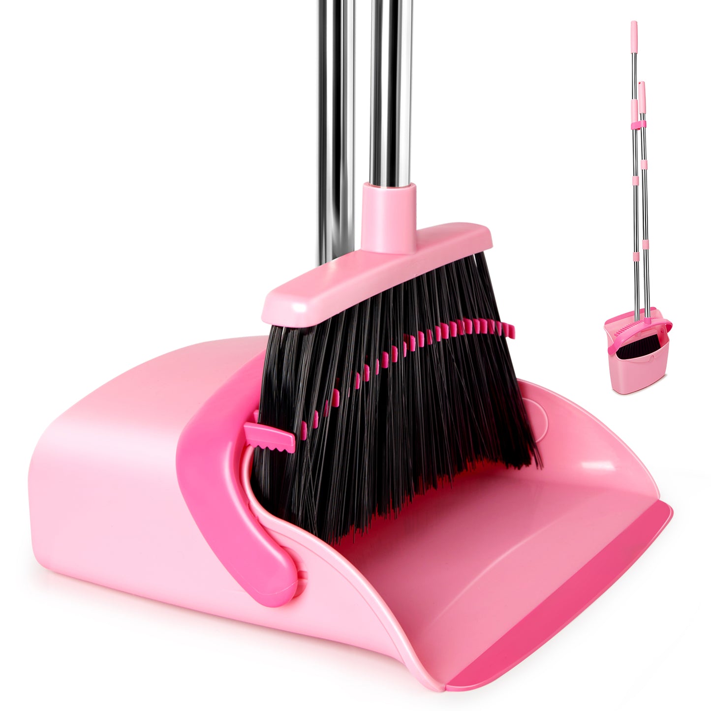 Broom and Dustpan Set, Dustpans with Broom Combo for Home, Heavy Dust Broom and Dustpan Combo, Long Handle Dust Pan and Broom Set for Kitchen, Office, Pet Hair,Pink, Black,Beige,Green Pack of 1