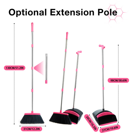 Broom and Dustpan Set, Long Handle Lightweight Dustpans with Broom Combo for Home, Indoor&Outdoor Sweeping for Home Room Kitchen Office Lobby (Black Pink)