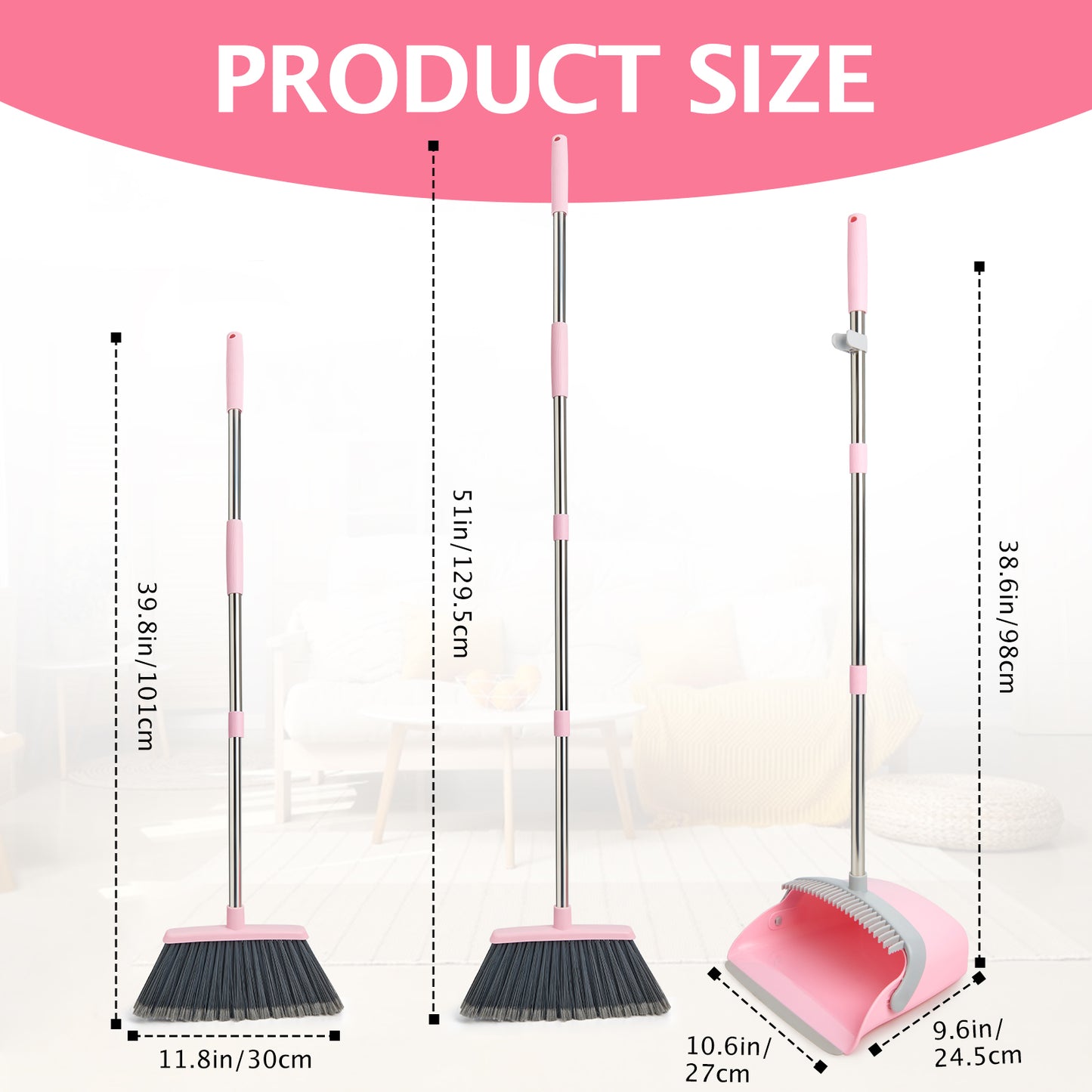 Broom and Dustpan Set, Dustpans with Broom Combo for Home, Heavy Dust Broom and Dustpan Combo, Long Handle Dust Pan and Broom Set for Kitchen, Office, Pet Hair(Gray Pink)