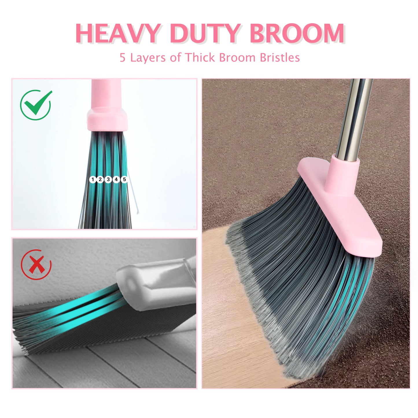 Broom and Dustpan Set, Dustpans with Broom Combo for Home, Heavy Dust Broom and Dustpan Combo, Long Handle Dust Pan and Broom Set for Kitchen, Office, Pet Hair(Gray Pink)