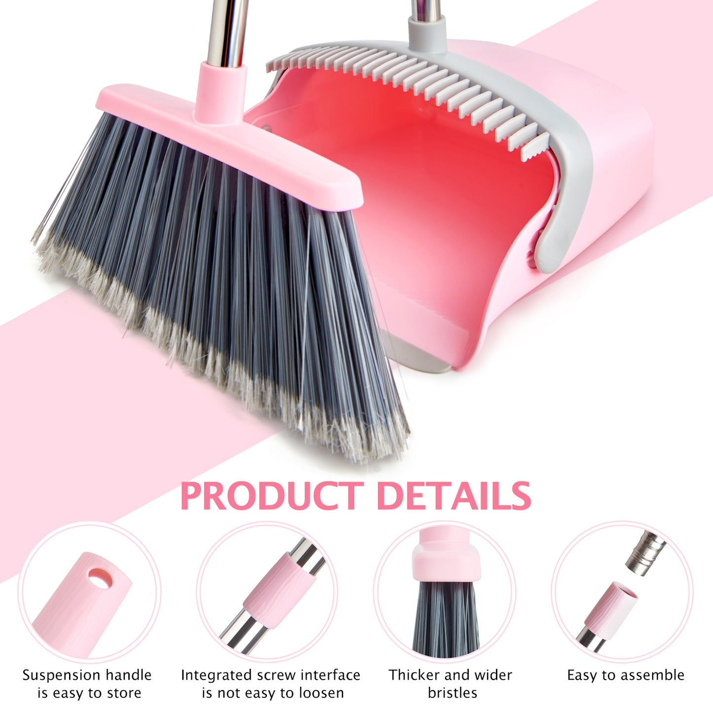 Broom and Dustpan Set, Dustpans with Broom Combo for Home, Heavy Dust Broom and Dustpan Combo, Long Handle Dust Pan and Broom Set for Kitchen, Office, Pet Hair(Gray Pink)