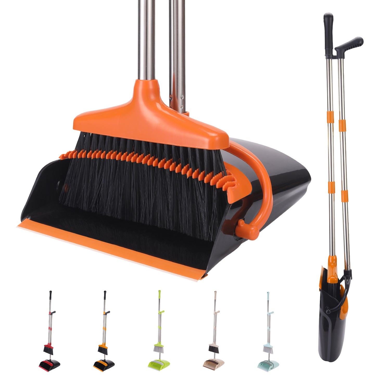 Broom and Dustpan Set with Long Handle, Light Weight Stainless Steel Poles Stand Upright Dustpans with Broom Combo for Home Kitchen Office Pet Dog Hair, Brown & Beige Color, 1-Pack