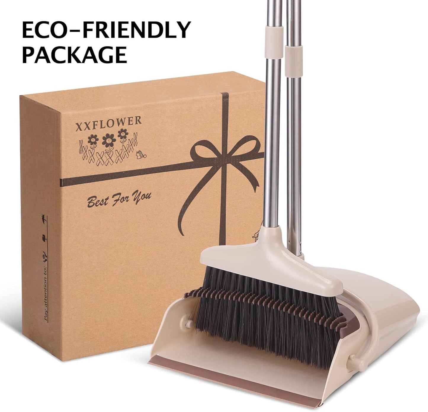 Broom and Dustpan Set with Long Handle, Light Weight Stainless Steel Poles Stand Upright Dustpans with Broom Combo for Home Kitchen Office Pet Dog Hair, Brown & Beige Color, 1-Pack