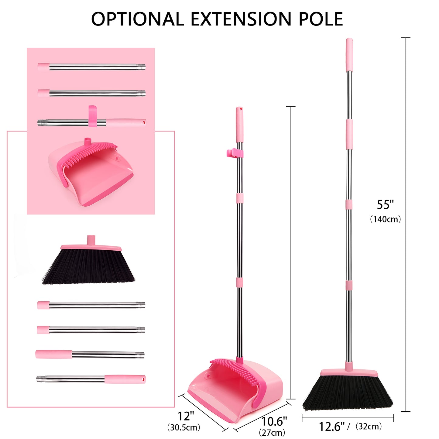 Broom and Dustpan Set, Dustpans with Broom Combo for Home, Heavy Dust Broom and Dustpan Combo, Long Handle Dust Pan and Broom Set for Kitchen, Office, Pet Hair,Pink, Black,Beige,Green Pack of 1