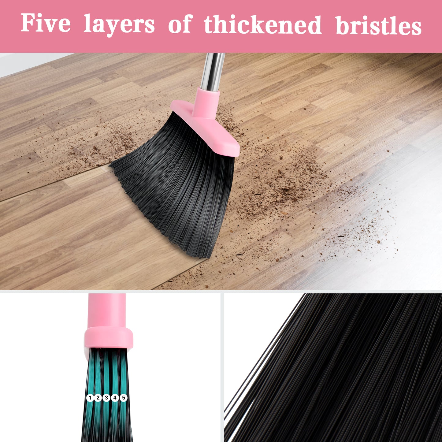 Broom and Dustpan Set, Dustpans with Broom Combo for Home, Heavy Dust Broom and Dustpan Combo, Long Handle Dust Pan and Broom Set for Kitchen, Office, Pet Hair,Pink, Black,Beige,Green Pack of 1