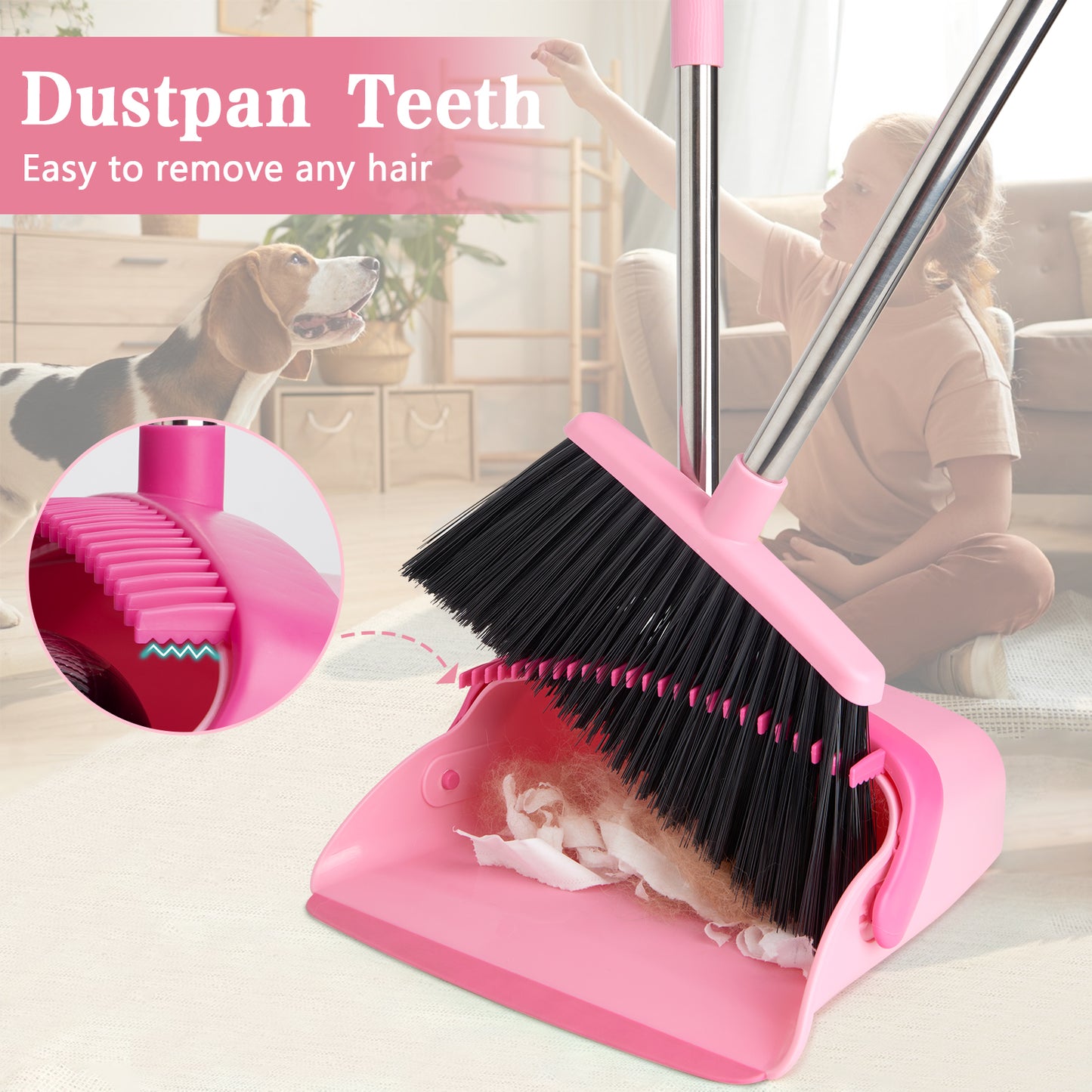 Broom and Dustpan Set, Dustpans with Broom Combo for Home, Heavy Dust Broom and Dustpan Combo, Long Handle Dust Pan and Broom Set for Kitchen, Office, Pet Hair,Pink, Black,Beige,Green Pack of 1