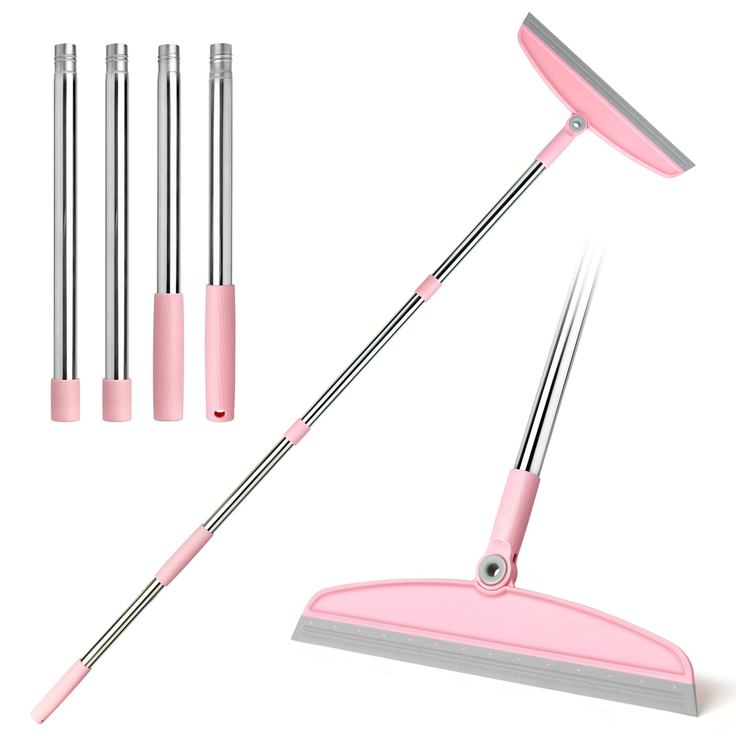 Broom & Dustpan Set + Silicone Rubber Broom Combo | 54" Adjustable, Comb Teeth, Rotating Head (Gray Pink)