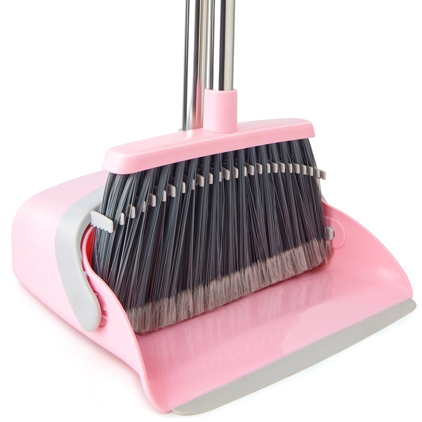 Broom & Dustpan Set | 51" Extendable Handle, Comb Teeth, Foldable Storage (Pink Gray)