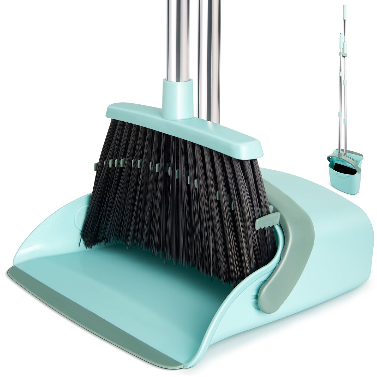 Broom & Dustpan Set + Silicone Air Broom Combo | 180° Rotating Squeegee, Gray Green