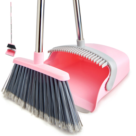 Broom and Dustpan Set, Dustpans with Broom Combo for Home, Heavy Dust Broom and Dustpan Combo, Long Handle Dust Pan and Broom Set for Kitchen, Office, Pet Hair(Gray Pink)
