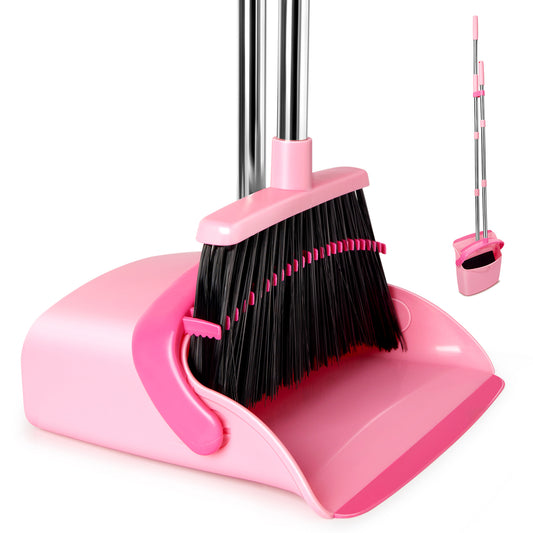 Broom and Dustpan Set, Dustpans with Broom Combo for Home, Heavy Dust Broom and Dustpan Combo, Long Handle Dust Pan and Broom Set for Kitchen, Office, Pet Hair,Pink, Black,Beige,Green Pack of 1