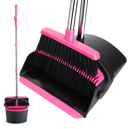 Broom and Dustpan Set, Long Handle Lightweight Dustpans with Broom Combo for Home, Indoor&Outdoor Sweeping for Home Room Kitchen Office Lobby (Black Pink)