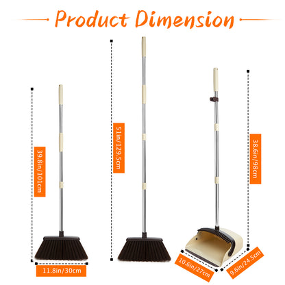 Broom & Dustpan Set (Beige) + Silicone Rubber Broom (Gray Pink) | 51" Comb Teeth, Rotating Head, Foldable Combo