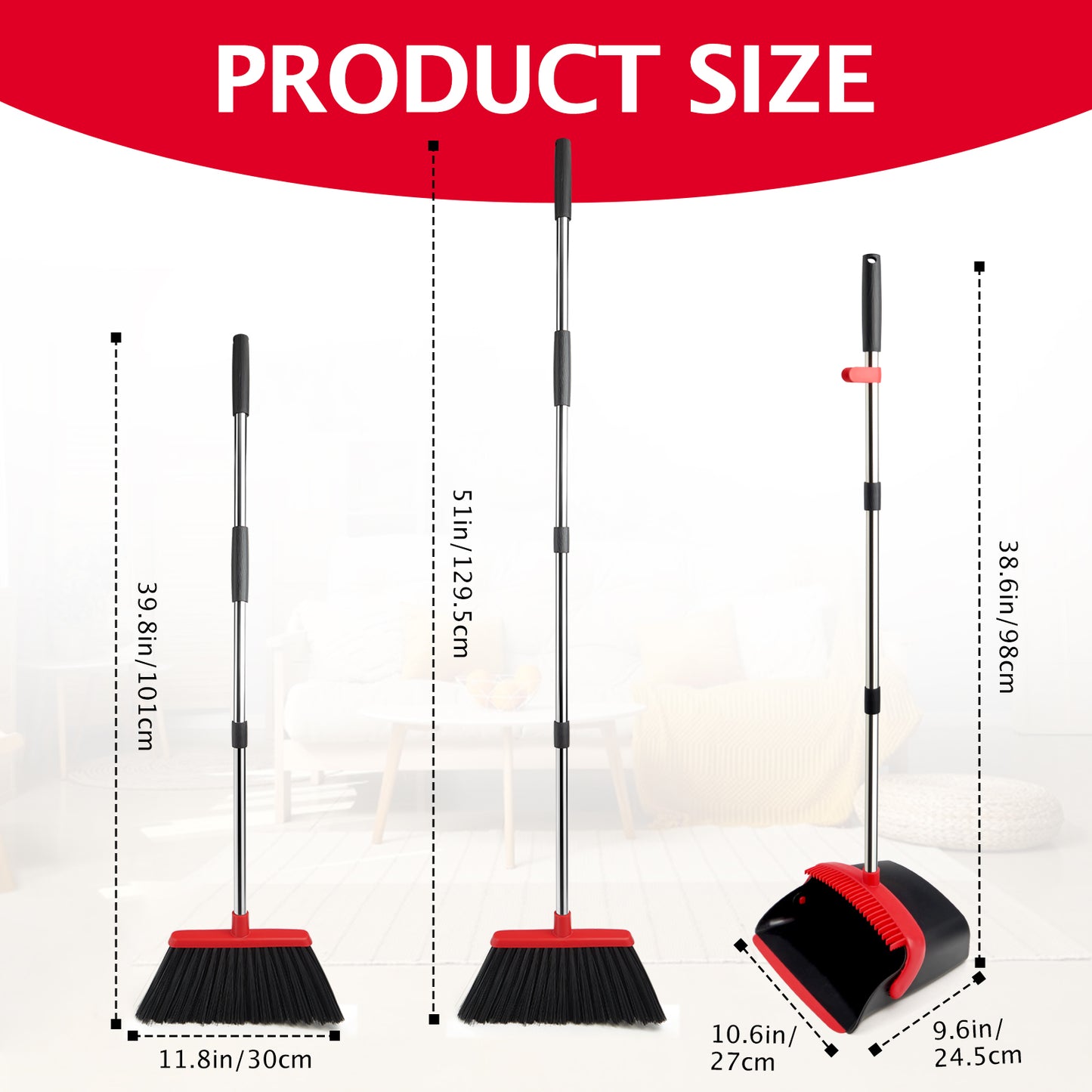 Broom & Dustpan Set + Giraffe Toilet Brush Combo | 55.3" Long Handle, PP Bristles