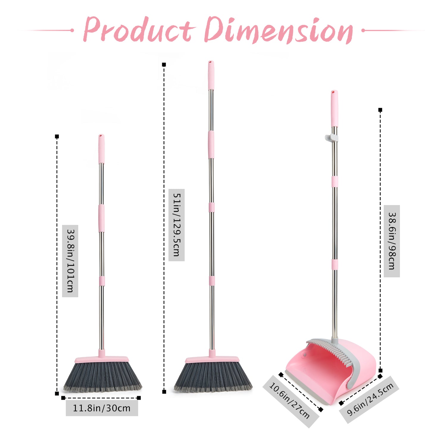 Broom & Dustpan Set | 51" Extendable Handle, Comb Teeth, Foldable Storage (Pink Gray)