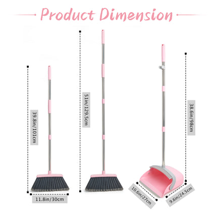 Broom & Dustpan Set | 51" Extendable Handle, Comb Teeth, Foldable Storage (Pink Gray)