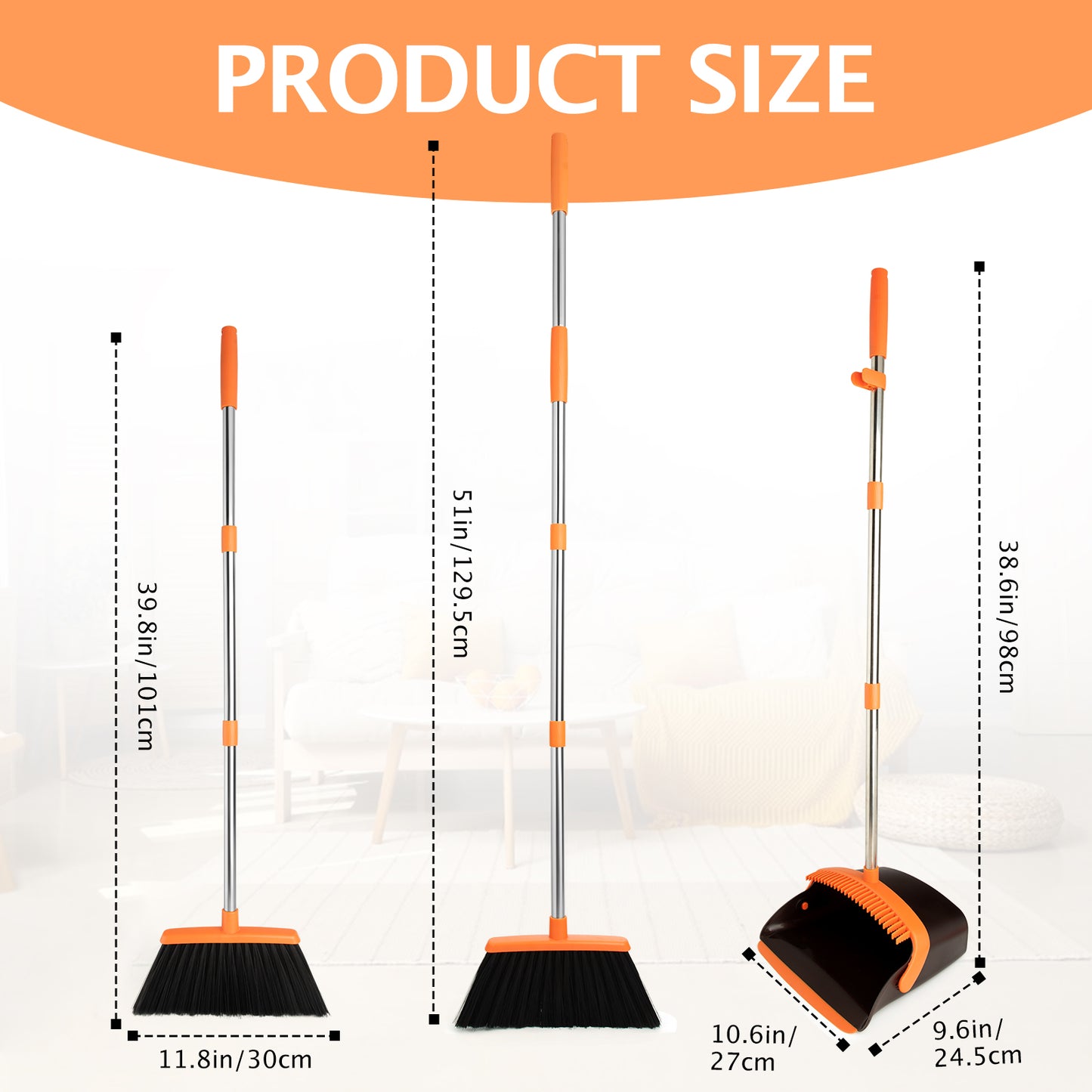 Broom & Dustpan Set 2-Pack | 51" Extendable Handle, 5-Layer Bristles, Foldable Storage (Brown Orange)