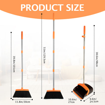 Broom & Dustpan Set 2-Pack | 51" Extendable Handle, 5-Layer Bristles, Foldable Storage (Brown Orange)