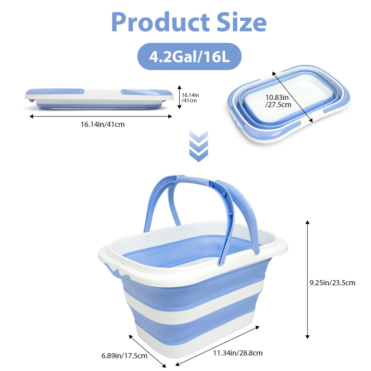 Collapsible Bucket 4.2 Gal | Foldable, Handle & Hanging Hole, TPR+PP (Blue White)