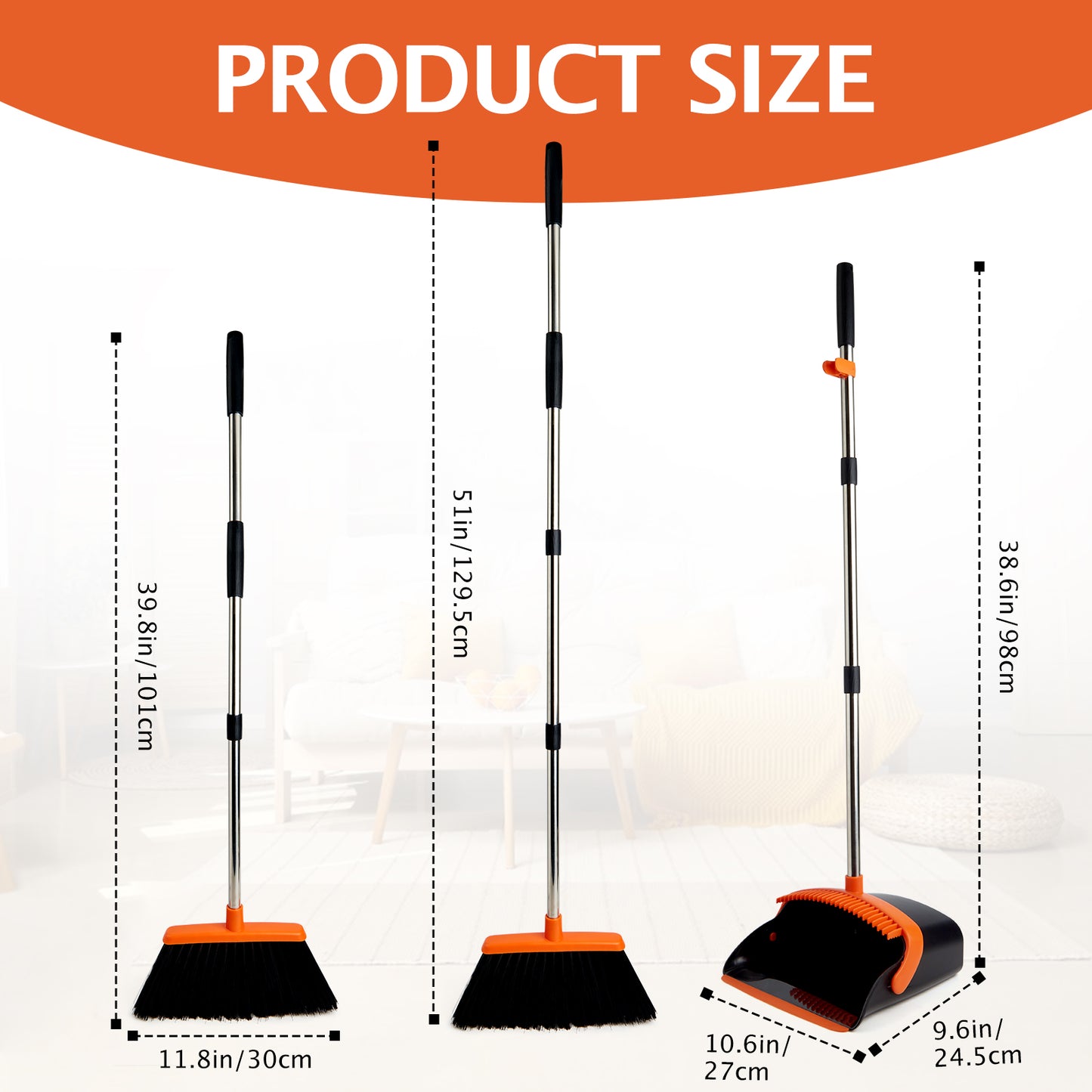 Upgraded Broom & Dustpan Set + Giraffe Toilet Brush Combo | Comb Teeth, 5-Layer Bristles