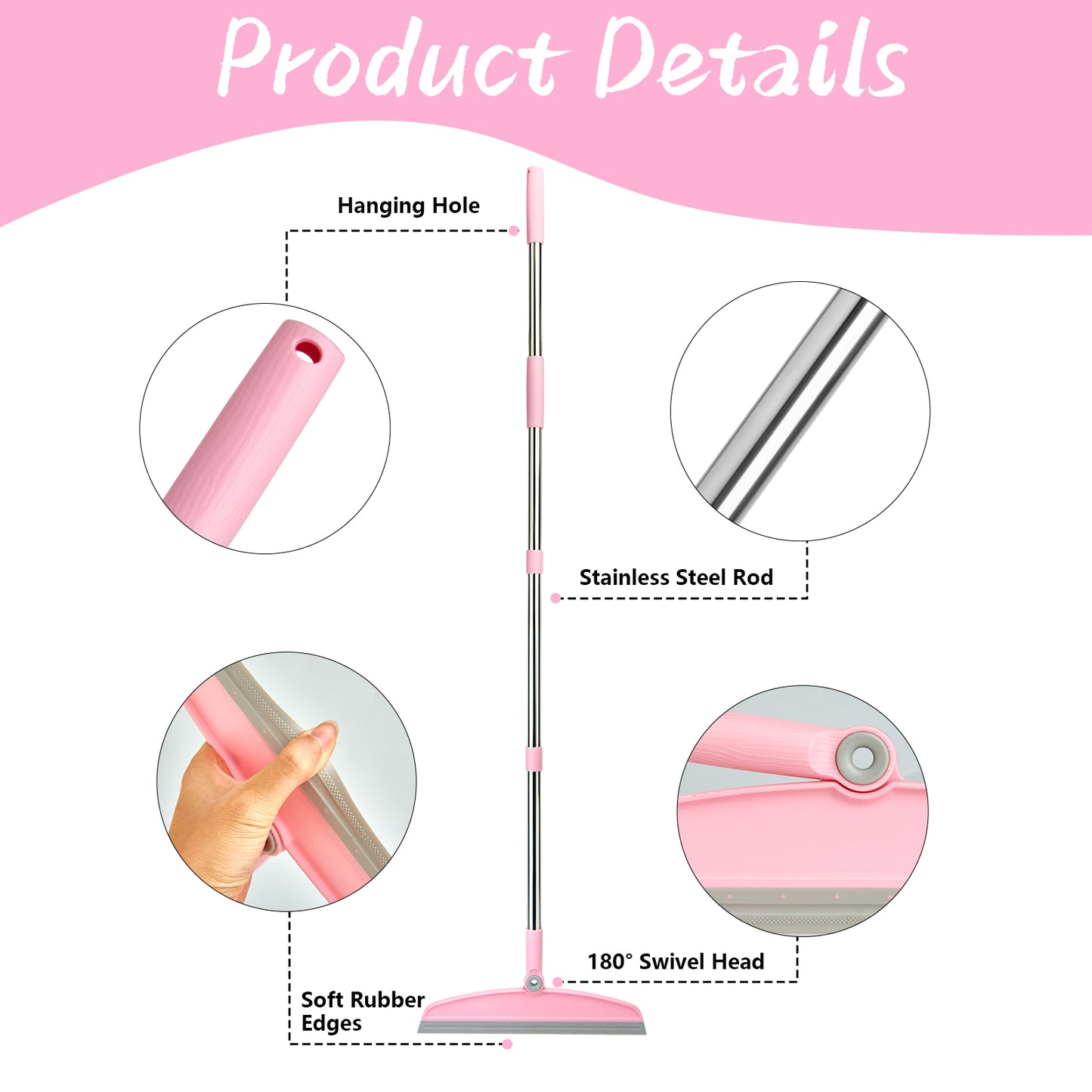 Silicone Broom | 54" Adjustable Handle, Rubber Squeegee, Rotating Head (Gray Pink)