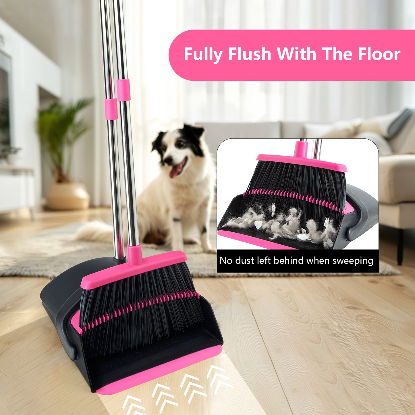 Broom and Dustpan Set, Long Handle Lightweight Dustpans with Broom Combo for Home, Indoor&Outdoor Sweeping for Home Room Kitchen Office Lobby (Black Pink)