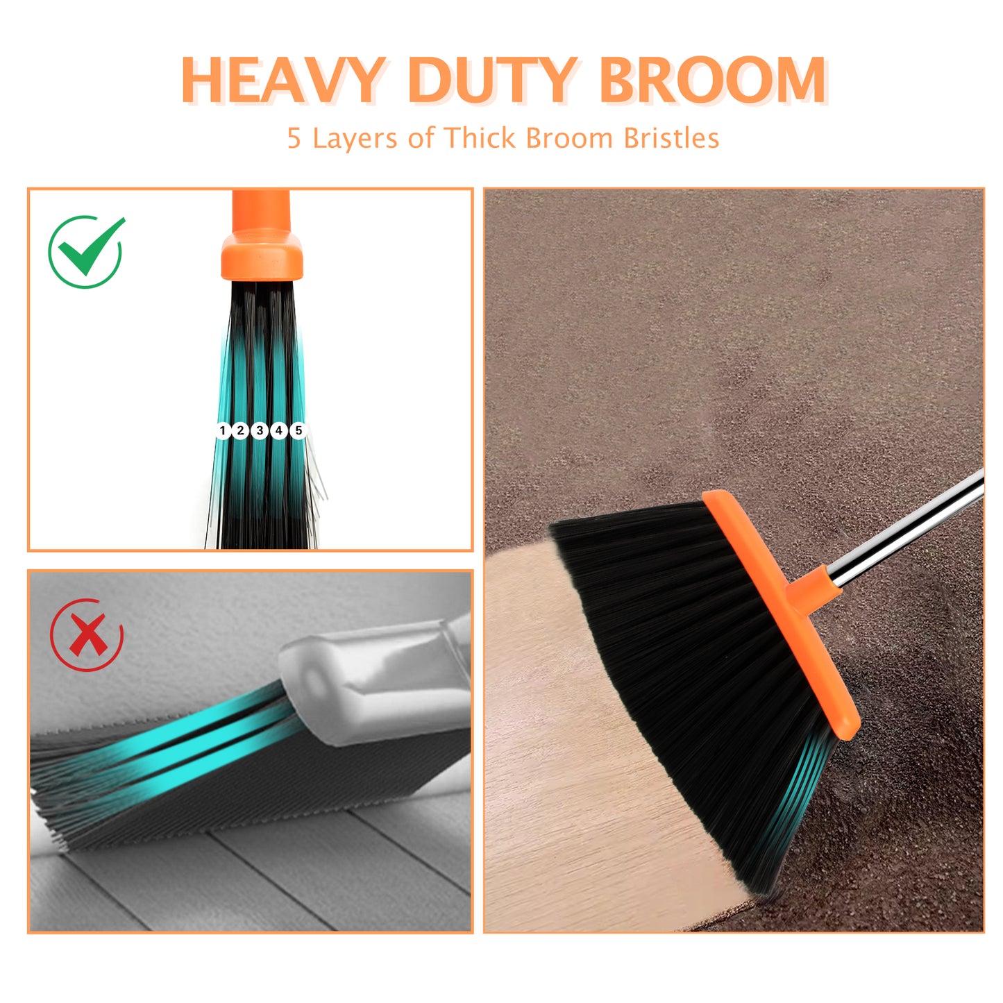 Broom & Dustpan Set 2-Pack | 51" Extendable Handle, 5-Layer Bristles, Foldable Storage (Brown Orange)