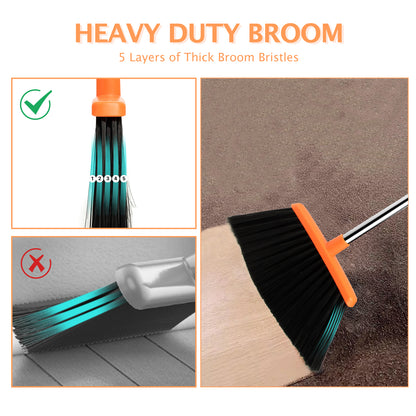 Broom & Dustpan Set 2-Pack | 51" Extendable Handle, 5-Layer Bristles, Foldable Storage (Brown Orange)
