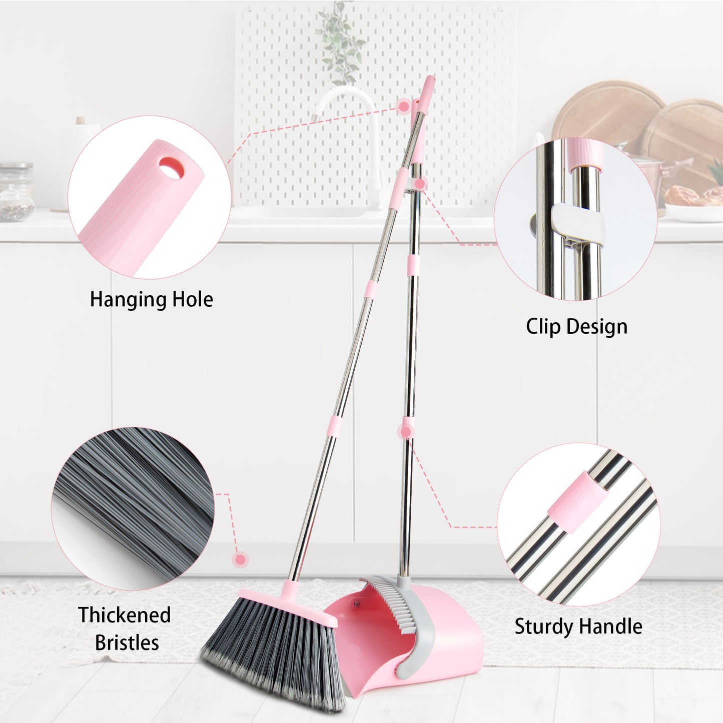 Broom & Dustpan Set | 51" Extendable Handle, Comb Teeth, Foldable Storage (Pink Gray)