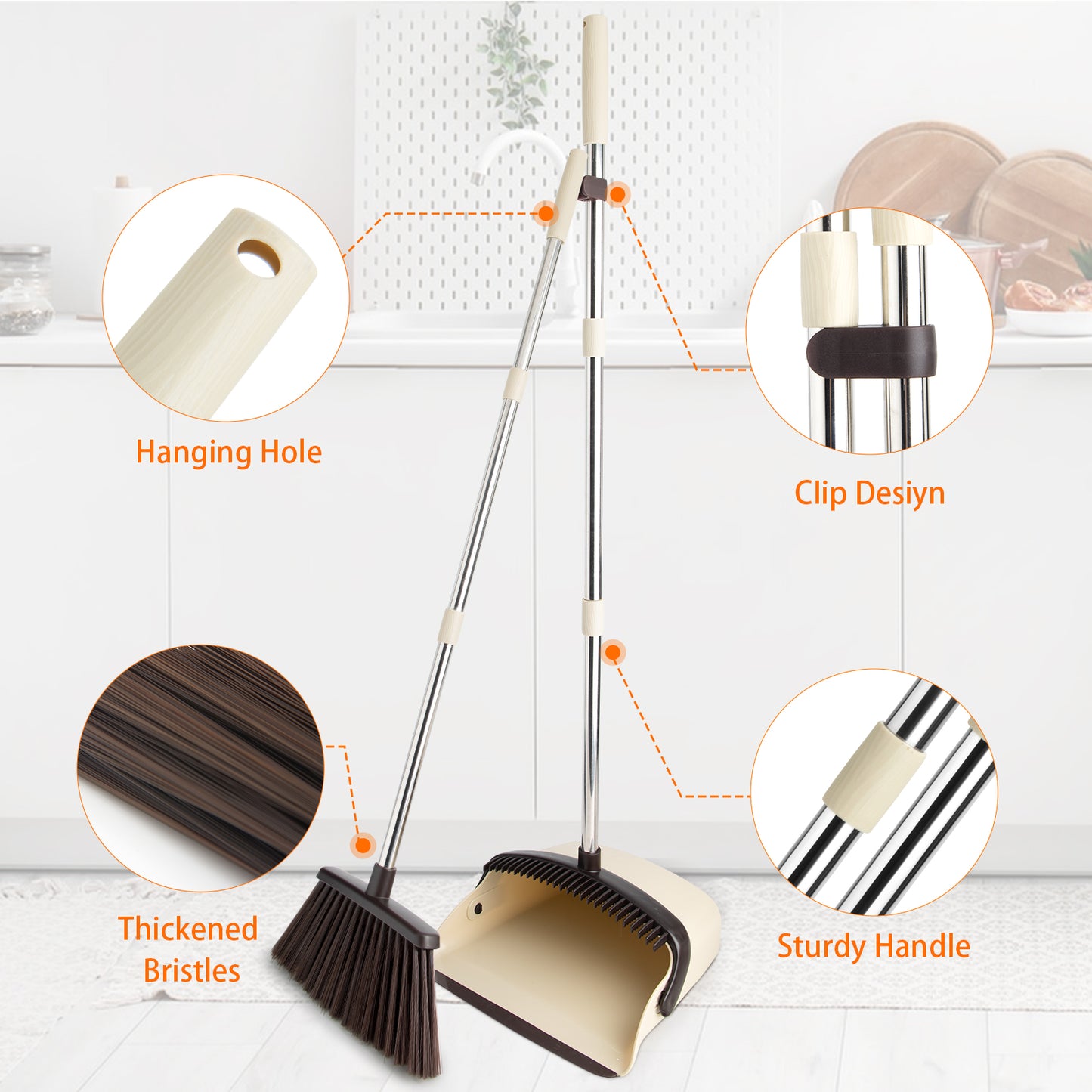Broom & Dustpan Set (Beige) + Silicone Rubber Broom (Gray Pink) | 51" Comb Teeth, Rotating Head, Foldable Combo