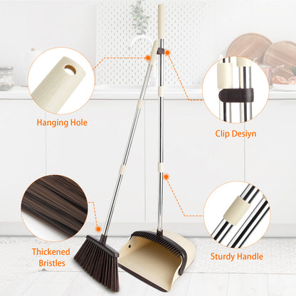 Broom & Dustpan Set (Beige) + Silicone Rubber Broom (Gray Pink) | 51" Comb Teeth, Rotating Head, Foldable Combo