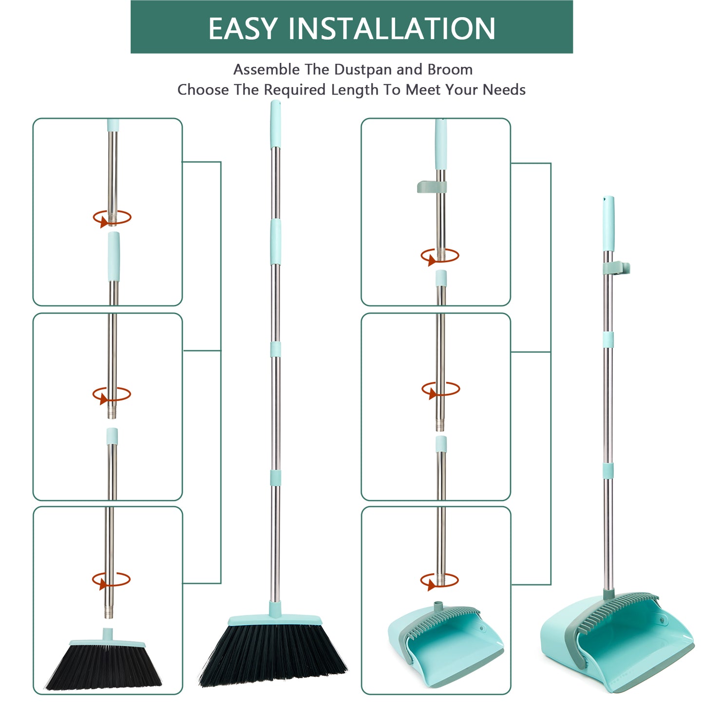 Broom & Dustpan Set + Silicone Air Broom Combo | 180° Rotating Squeegee, Gray Green