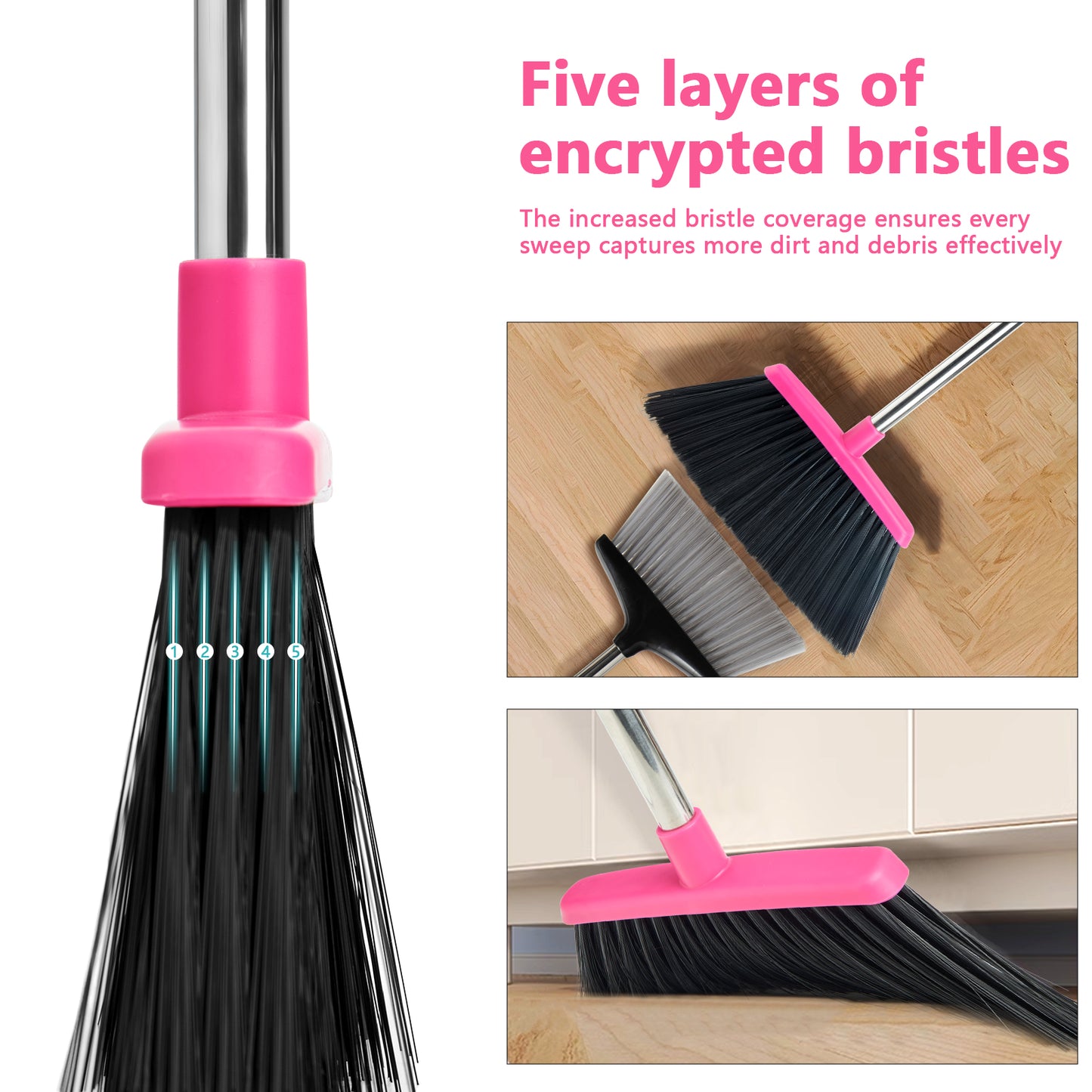 Broom and Dustpan Set, Long Handle Lightweight Dustpans with Broom Combo for Home, Indoor&Outdoor Sweeping for Home Room Kitchen Office Lobby (Black Pink)
