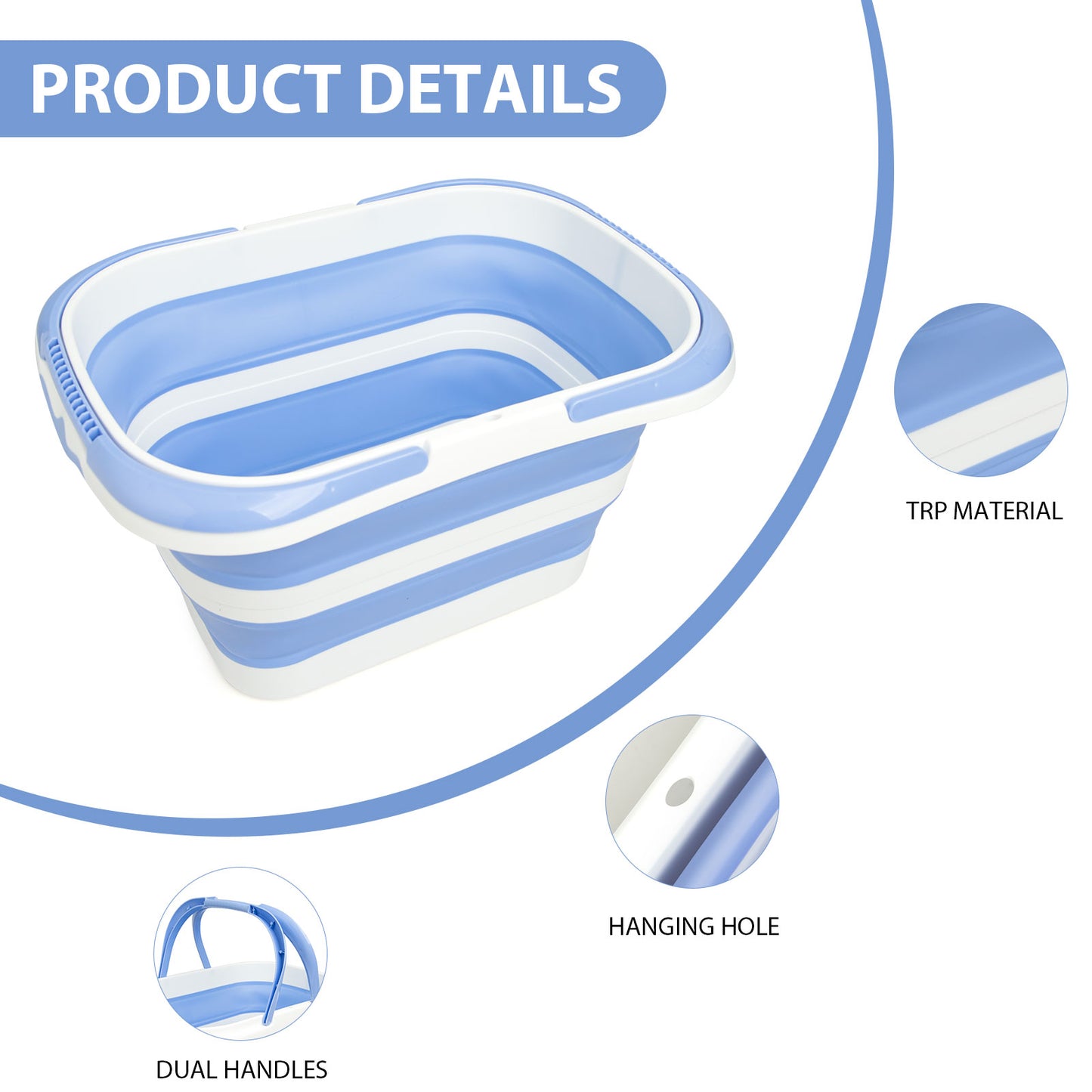Collapsible Bucket 4.2 Gal | Foldable, Handle & Hanging Hole, TPR+PP (Blue White)