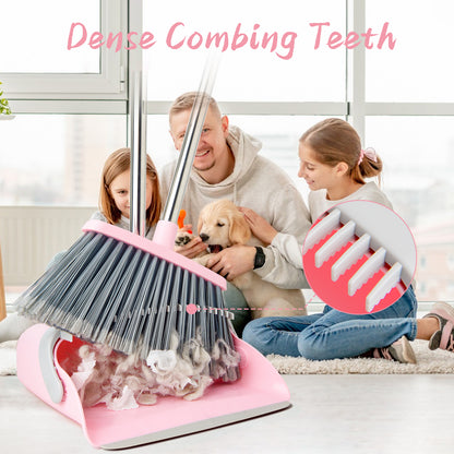 Broom & Dustpan Set | 51" Extendable Handle, Comb Teeth, Foldable Storage (Pink Gray)