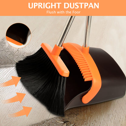 Broom & Dustpan Set 2-Pack | 51" Extendable Handle, 5-Layer Bristles, Foldable Storage (Brown Orange)