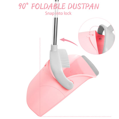 Broom & Dustpan Set | 51" Extendable Handle, Comb Teeth, Foldable Storage (Pink Gray)
