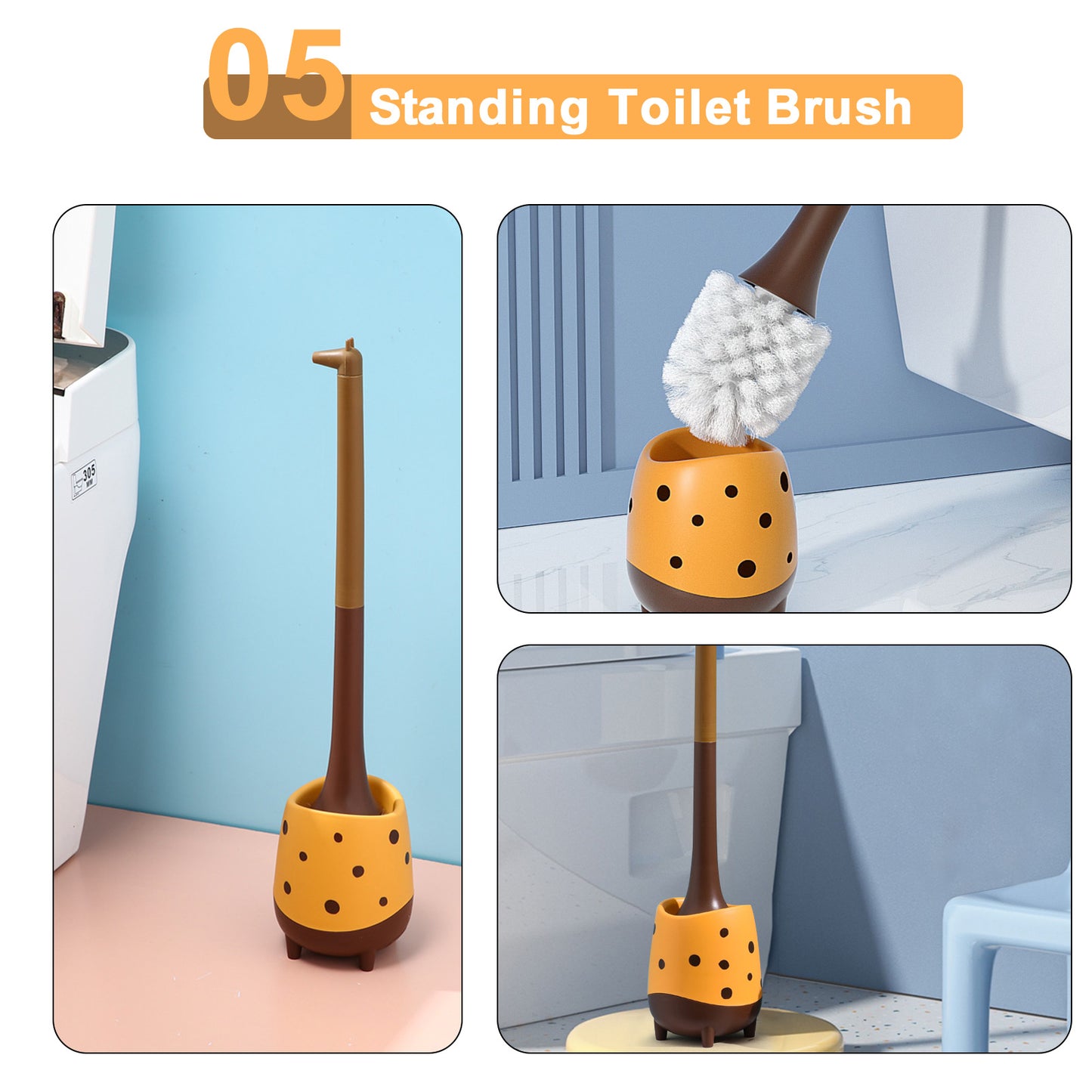 Giraffe Toilet Brush & Holder Set | PP Bristles, Compact Floor Standing