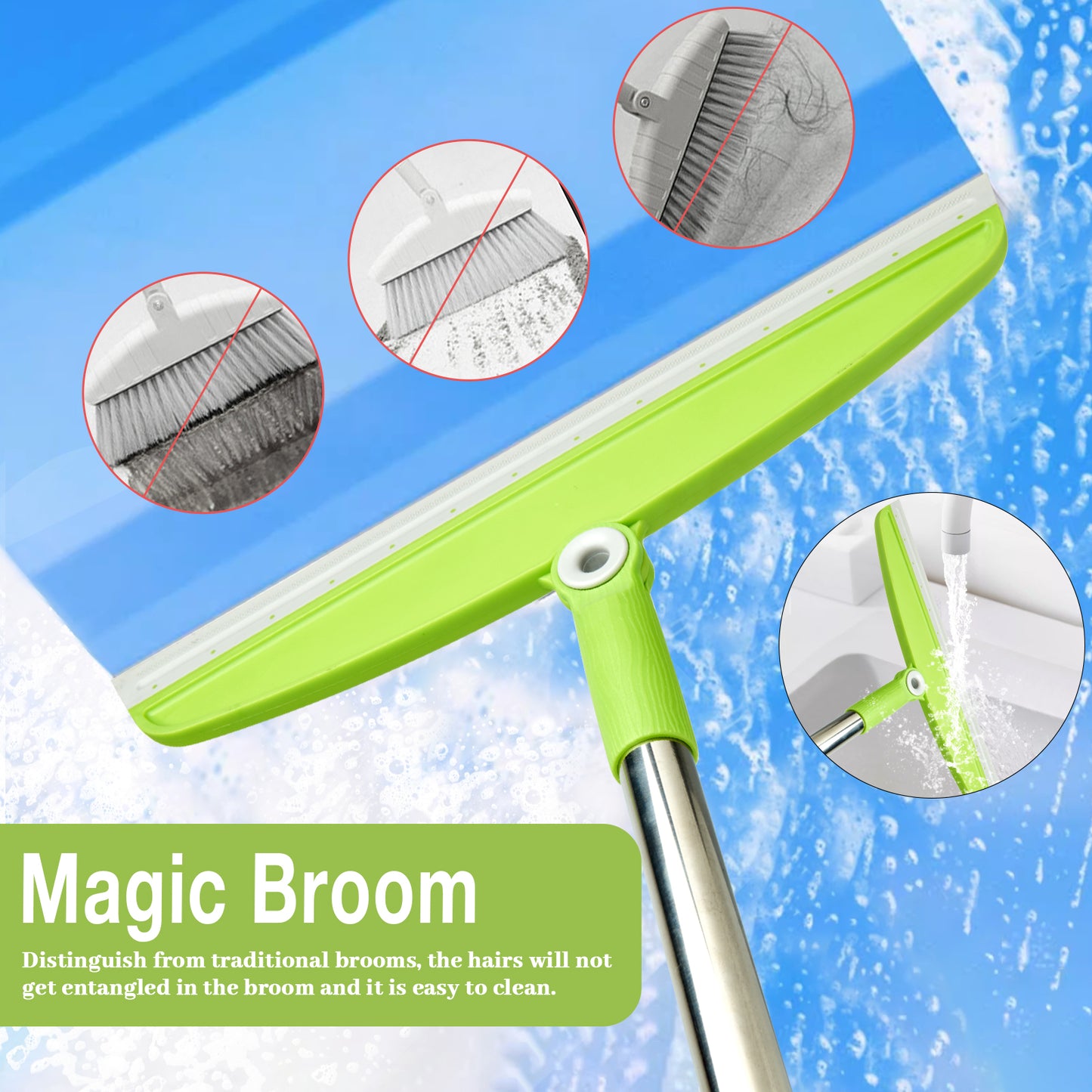 Silicone Air Broom,Multifunction Magic Broom with Long Handle，Adjustable Rubber Squeegee Sweeping Water for Indoor Hardwood Floors,Kitchen,Concrete Floor,Bathroom Tile(Gray Green)