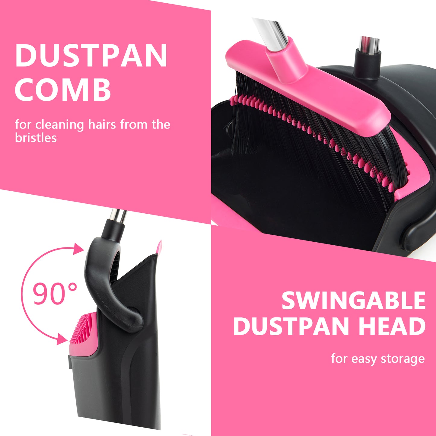Broom and Dustpan Set, Long Handle Lightweight Dustpans with Broom Combo for Home, Indoor&Outdoor Sweeping for Home Room Kitchen Office Lobby (Black Pink)