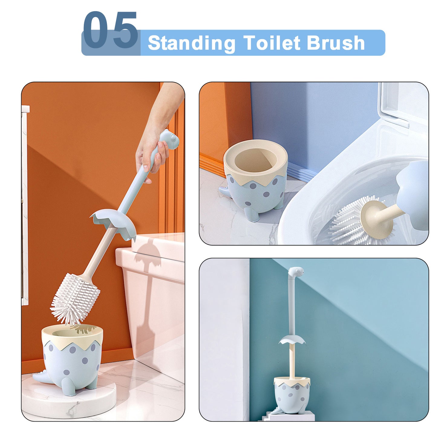 Dinosaur Toilet Brush & Holder Set | TPR Bristles, Compact Floor Standing（blue）