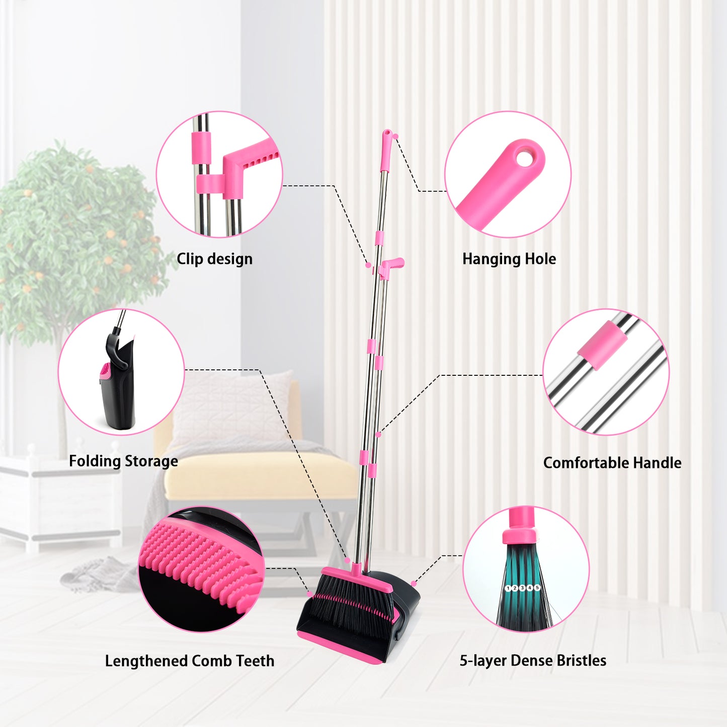 Broom and Dustpan Set, Long Handle Lightweight Dustpans with Broom Combo for Home, Indoor&Outdoor Sweeping for Home Room Kitchen Office Lobby