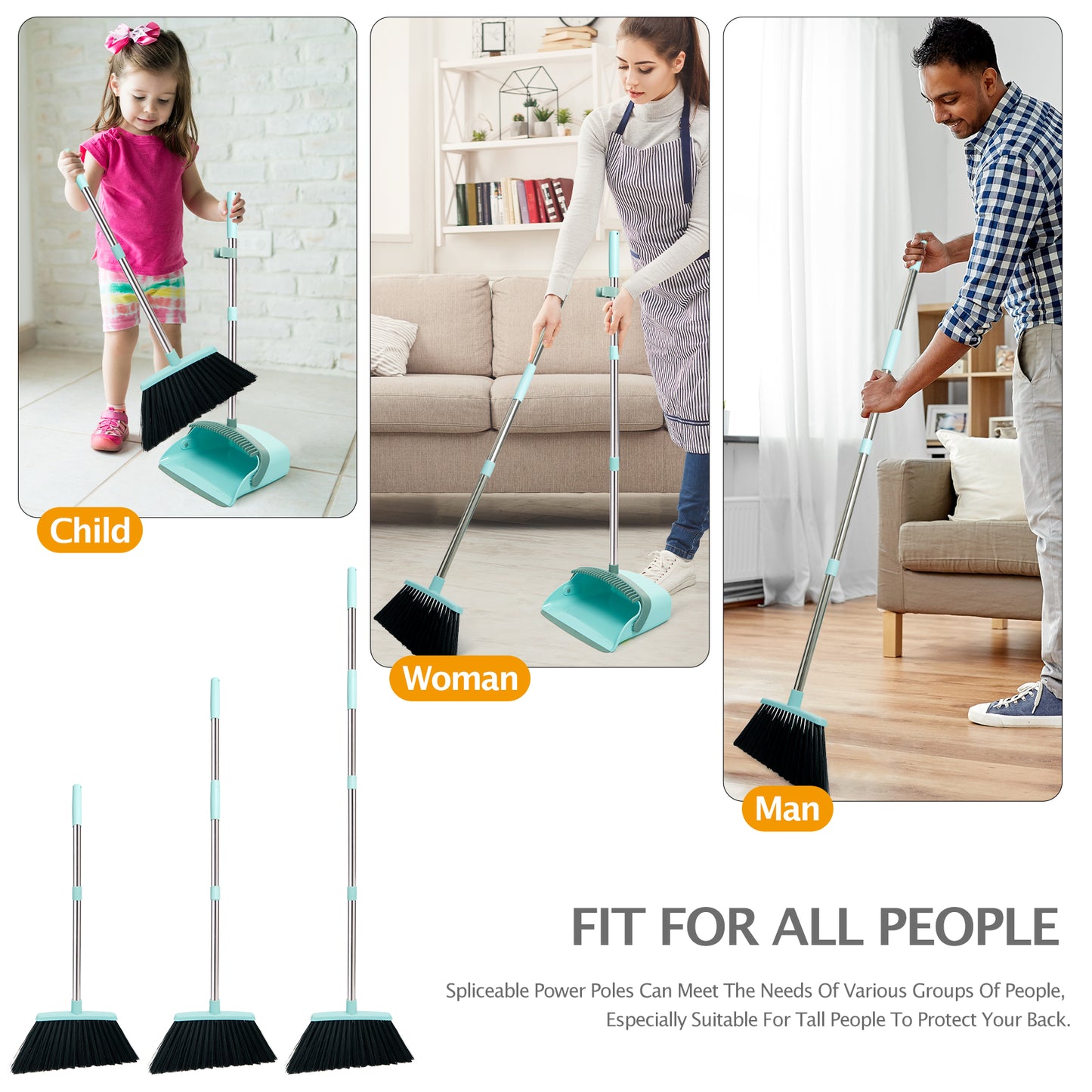 Broom & Dustpan Set + Silicone Air Broom Combo | 180° Rotating Squeegee, Gray Green