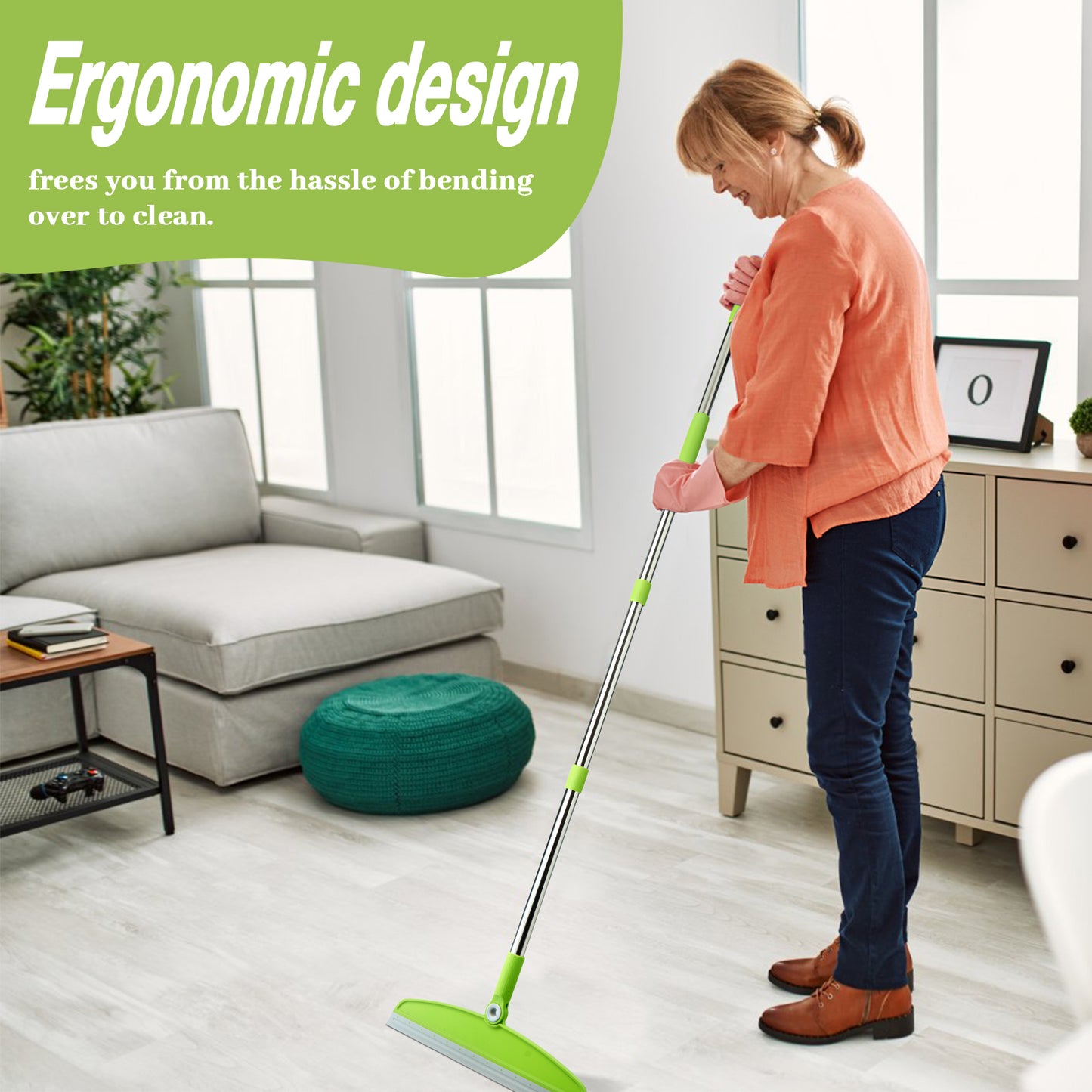 Silicone Air Broom,Multifunction Magic Broom with Long Handle，Adjustable Rubber Squeegee Sweeping Water for Indoor Hardwood Floors,Kitchen,Concrete Floor,Bathroom Tile(Gray Green)