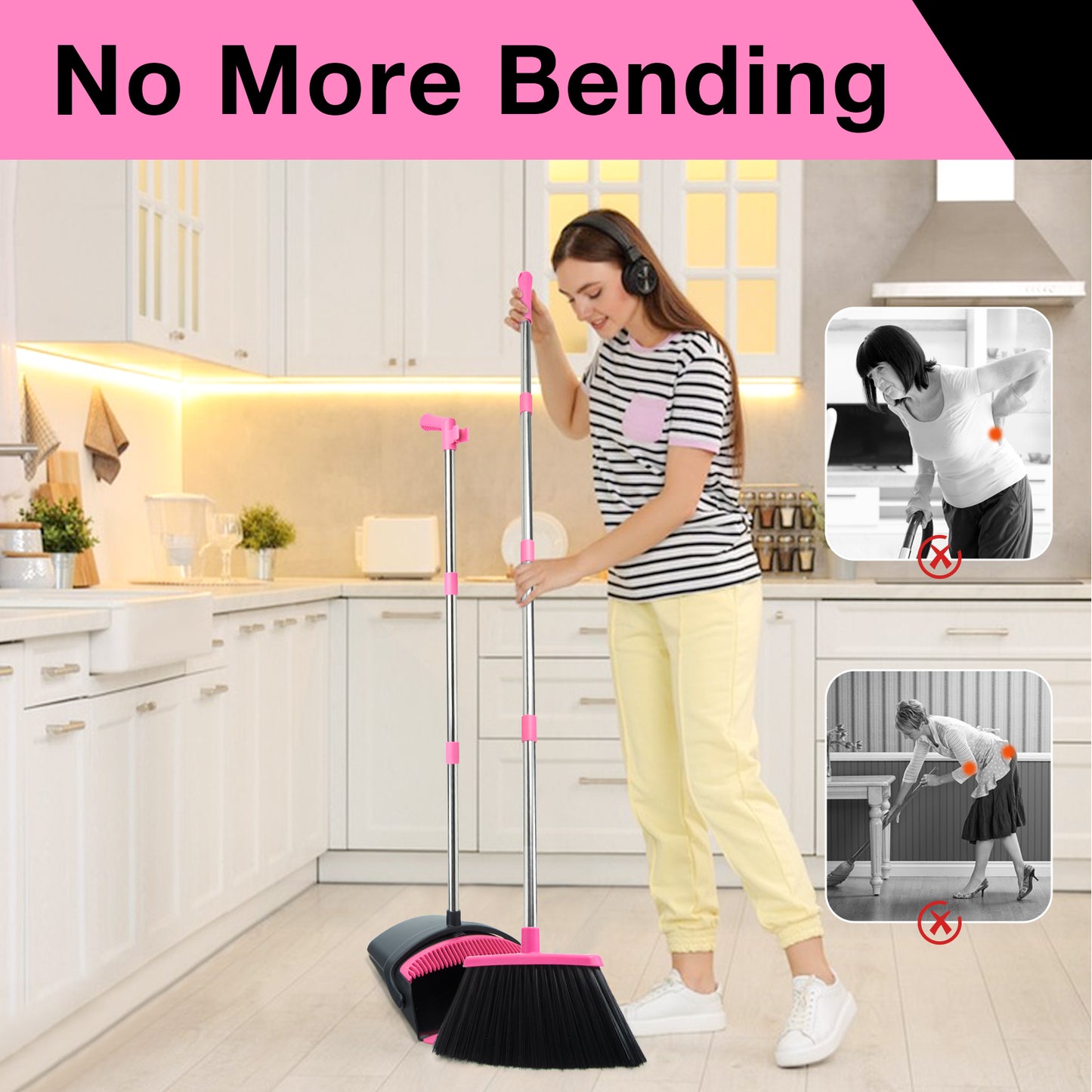 Broom and Dustpan Set, Long Handle Lightweight Dustpans with Broom Combo for Home, Indoor&Outdoor Sweeping for Home Room Kitchen Office Lobby