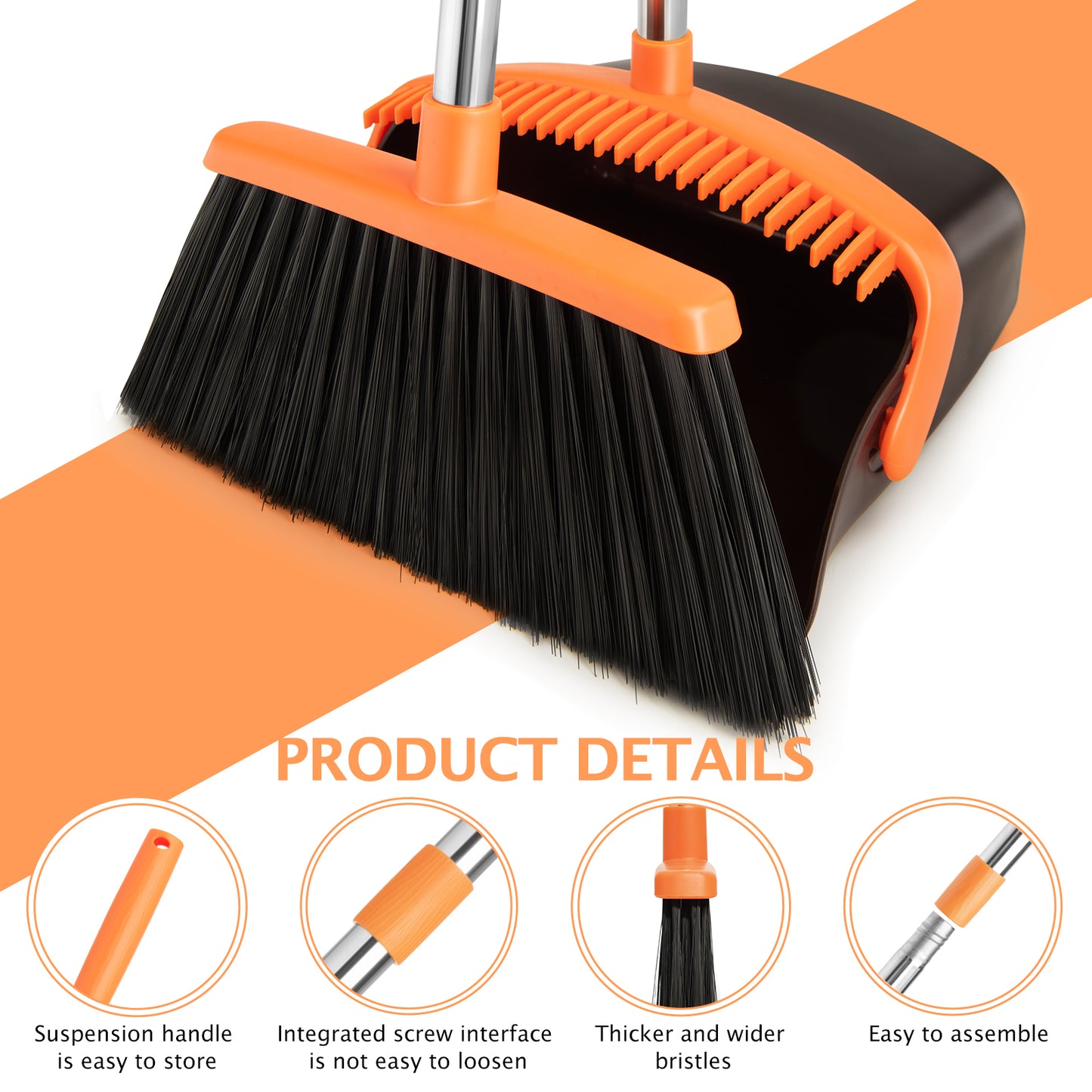 Broom & Dustpan Set 2-Pack | 51" Extendable Handle, 5-Layer Bristles, Foldable Storage (Brown Orange)
